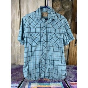 Vintage Wrangler Men’s Medium Blue Plaid Western Shirt Pearl Snaps Short Sleeve